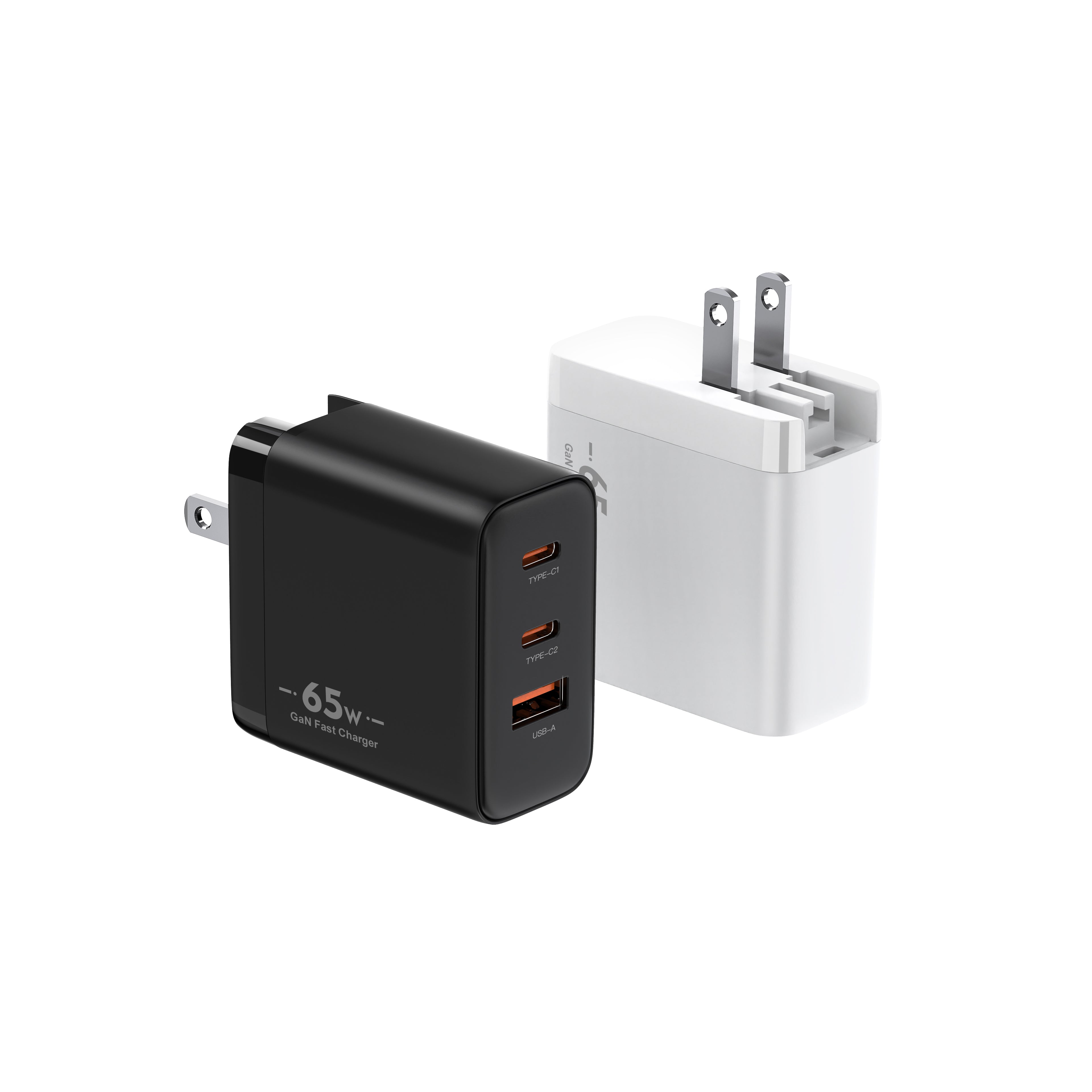 65W GaN PD Fast Charger US Plug, 3-Port (2x USB-C + USB-A) Wall Charger for Laptops, iPhone & Samsung