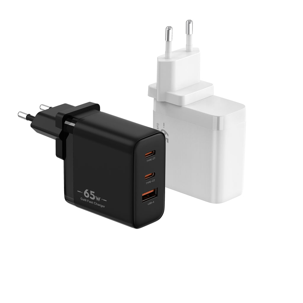 65W GaN PD Fast Charger EU Plug, 3-Port (2x USB-C + USB-A) Wall Charger for Laptops, iPhone & Samsung