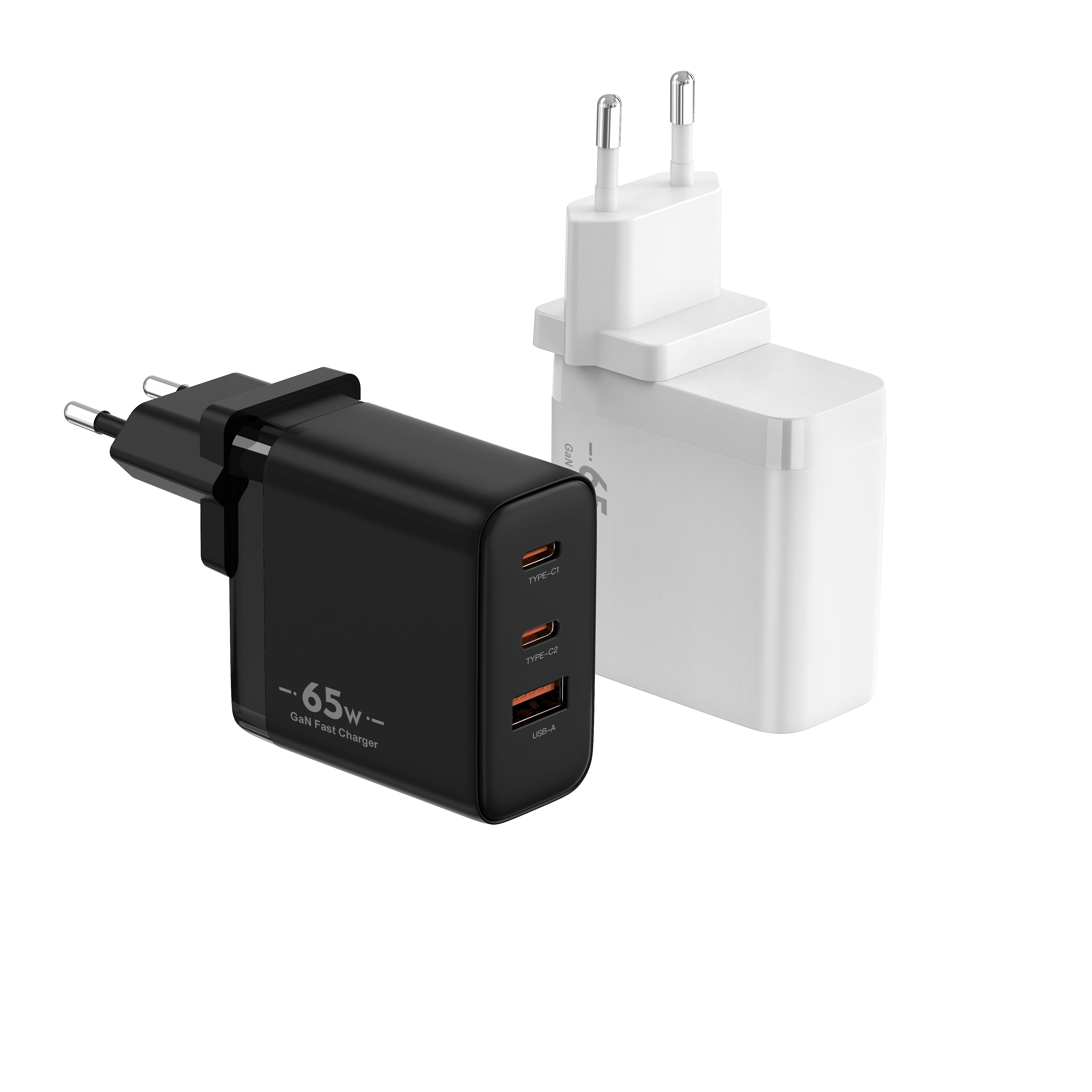 65W GaN PD Fast Charger EU Plug, 3-Port (2x USB-C + USB-A) Wall Charger for Laptops, iPhone & Samsung