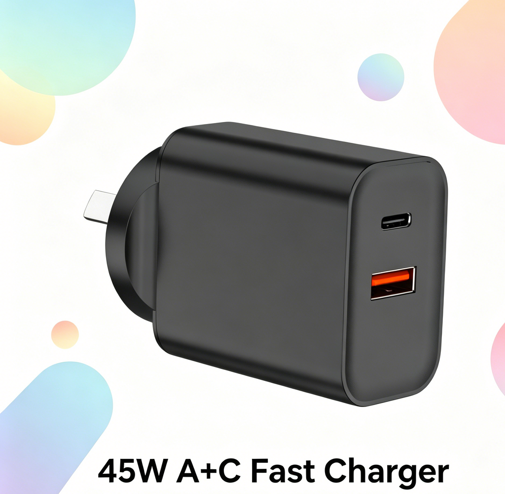 45W PD Fast Charger AU Plug, Dual Port USB-C + USB-A Wall Charger for Laptops, iPhone & Samsung