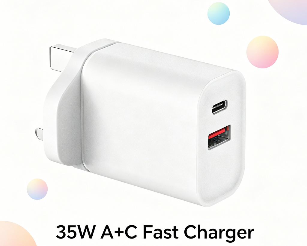 35W PD Fast Charger UK Plug, Dual Port USB-C + USB-A Wall Charger for iPhone & Samsung