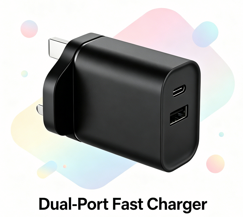 65W PD Fast Charger UK Plug, Dual Port USB-C + USB-A Wall Charger for Laptops, iPhone & Samsung