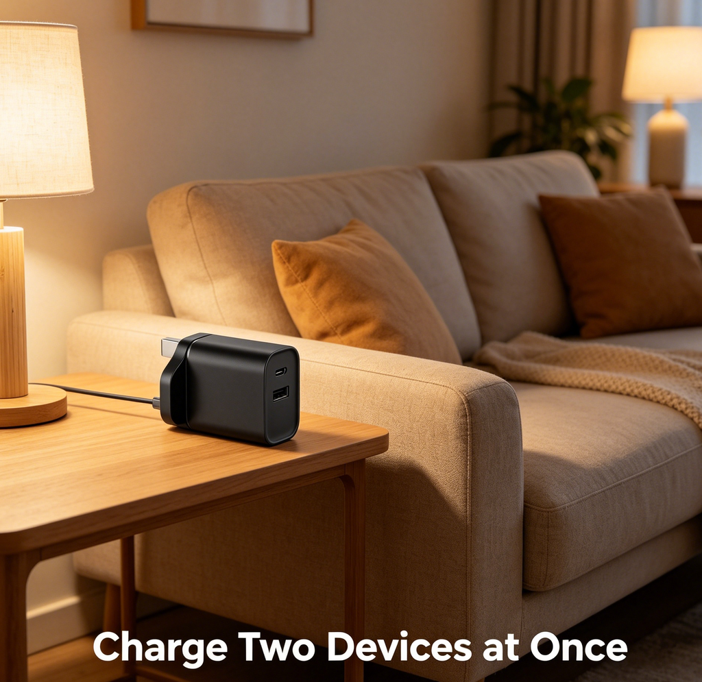 65W PD Fast Charger UK Plug, Dual Port USB-C + USB-A Wall Charger for Laptops, iPhone & Samsung