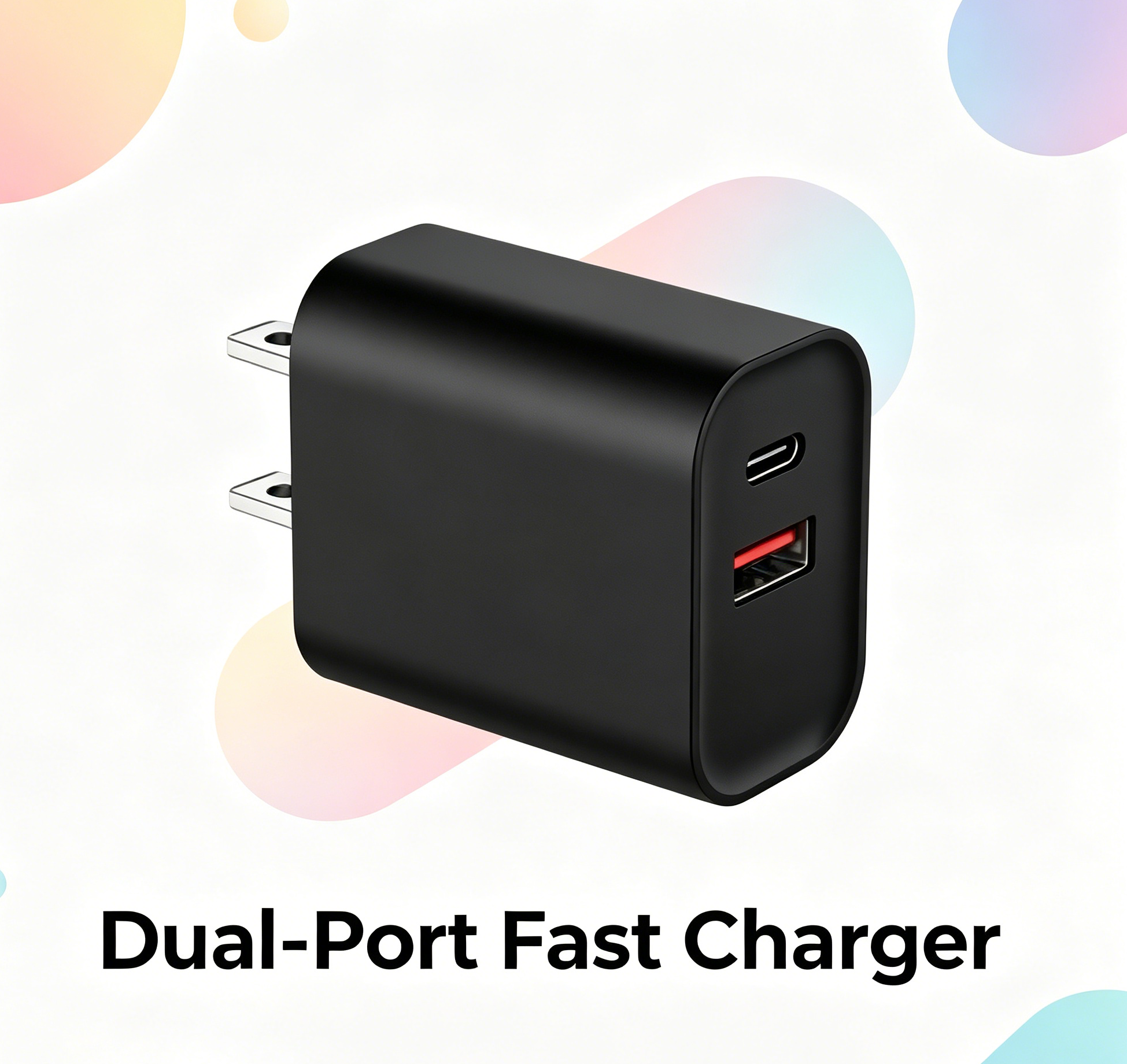 65W PD Fast Charger US Plug, Dual Port USB-C + USB-A Wall Charger for Laptops, iPhone & Samsung