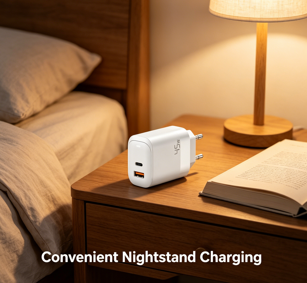 45W GaN PD Fast Charger EU Plug, Dual Port USB-C + USB-A Wall Charger for Laptops, iPhone & Samsung