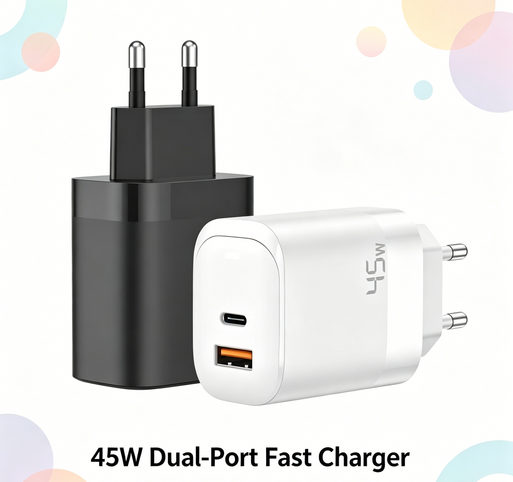 45W GaN PD Fast Charger EU Plug, Dual Port USB-C + USB-A Wall Charger for Laptops, iPhone & Samsung