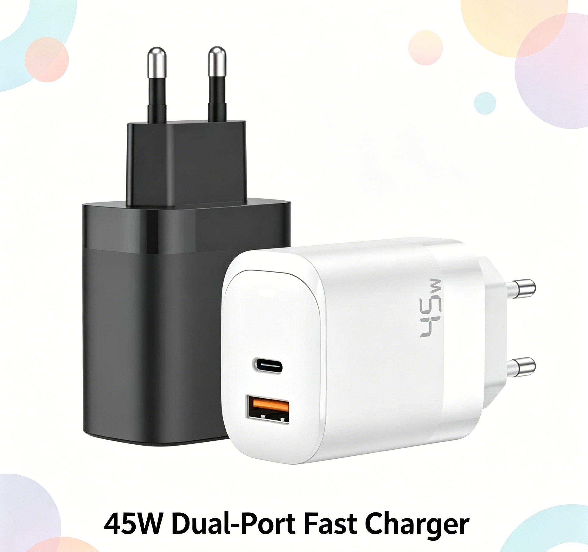 45W GaN PD Fast Charger EU Plug, Dual Port USB-C + USB-A Wall Charger for Laptops, iPhone & Samsung