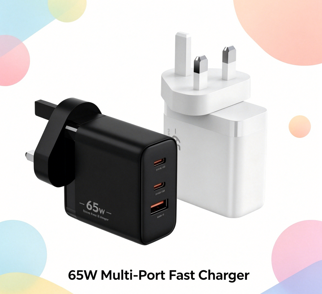 65W GaN PD Fast Charger UK Plug, 3-Port (2x USB-C + USB-A) Wall Charger for Laptops, iPhone & Samsung