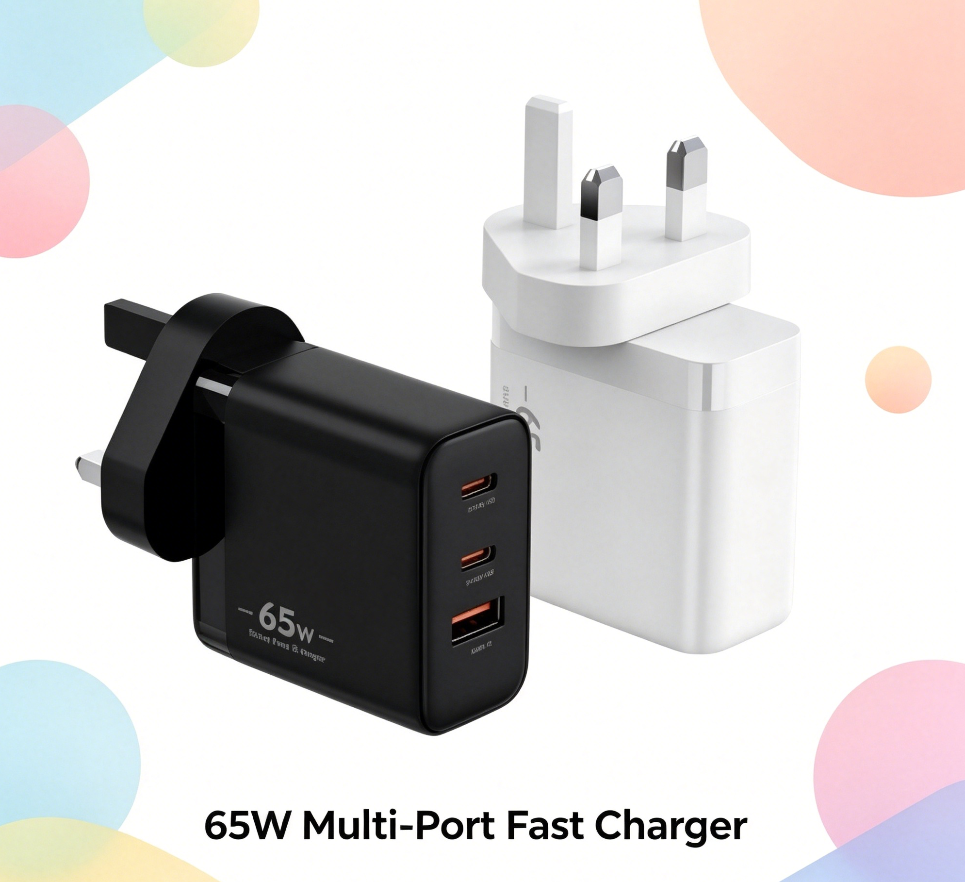 65W GaN PD Fast Charger UK Plug, 3-Port (2x USB-C + USB-A) Wall Charger for Laptops, iPhone & Samsung