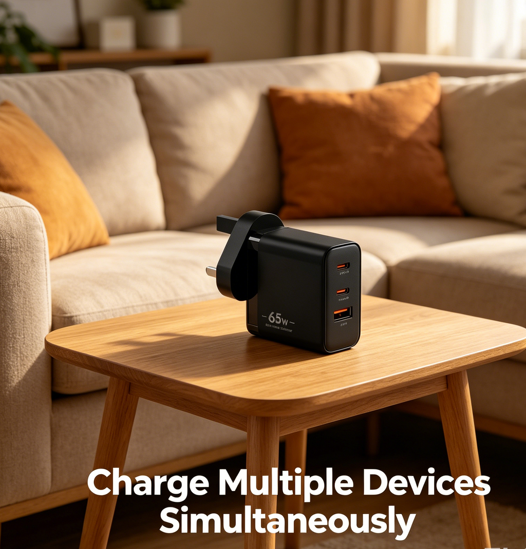 65W GaN PD Fast Charger UK Plug, 3-Port (2x USB-C + USB-A) Wall Charger for Laptops, iPhone & Samsung
