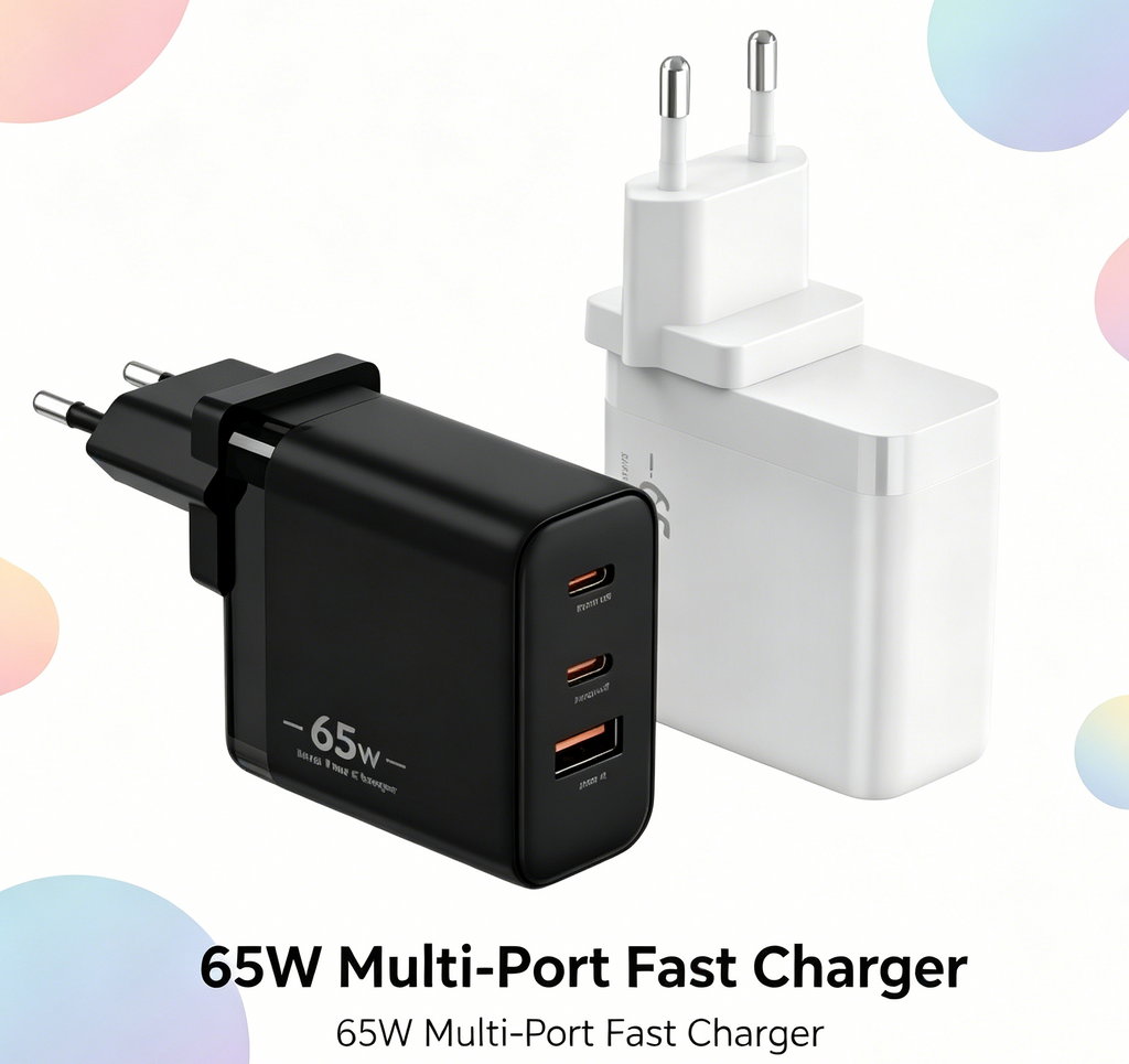 65W GaN PD Fast Charger EU Plug, 3-Port (2x USB-C + USB-A) Wall Charger for Laptops, iPhone & Samsung
