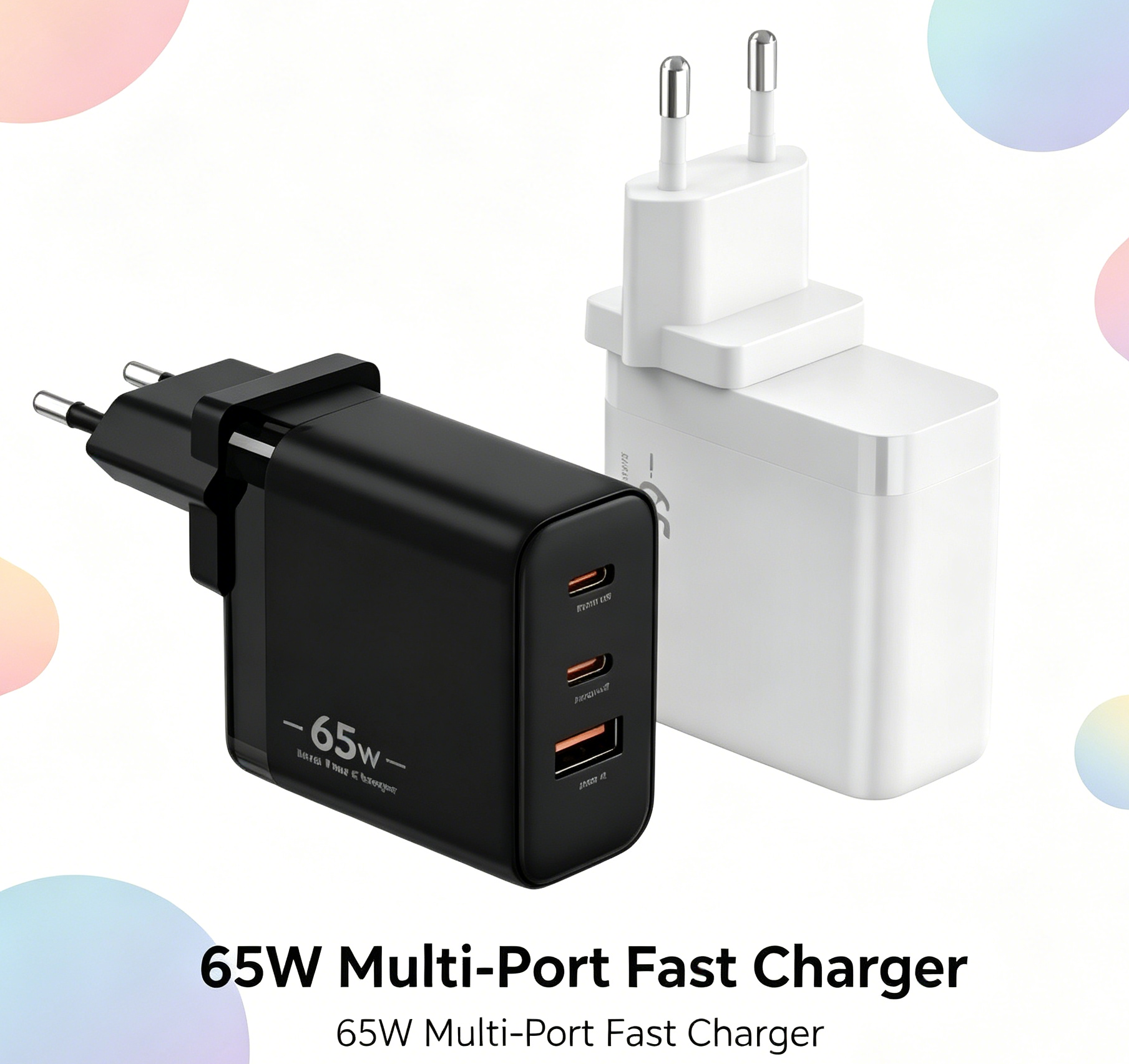 65W GaN PD Fast Charger EU Plug, 3-Port (2x USB-C + USB-A) Wall Charger for Laptops, iPhone & Samsung