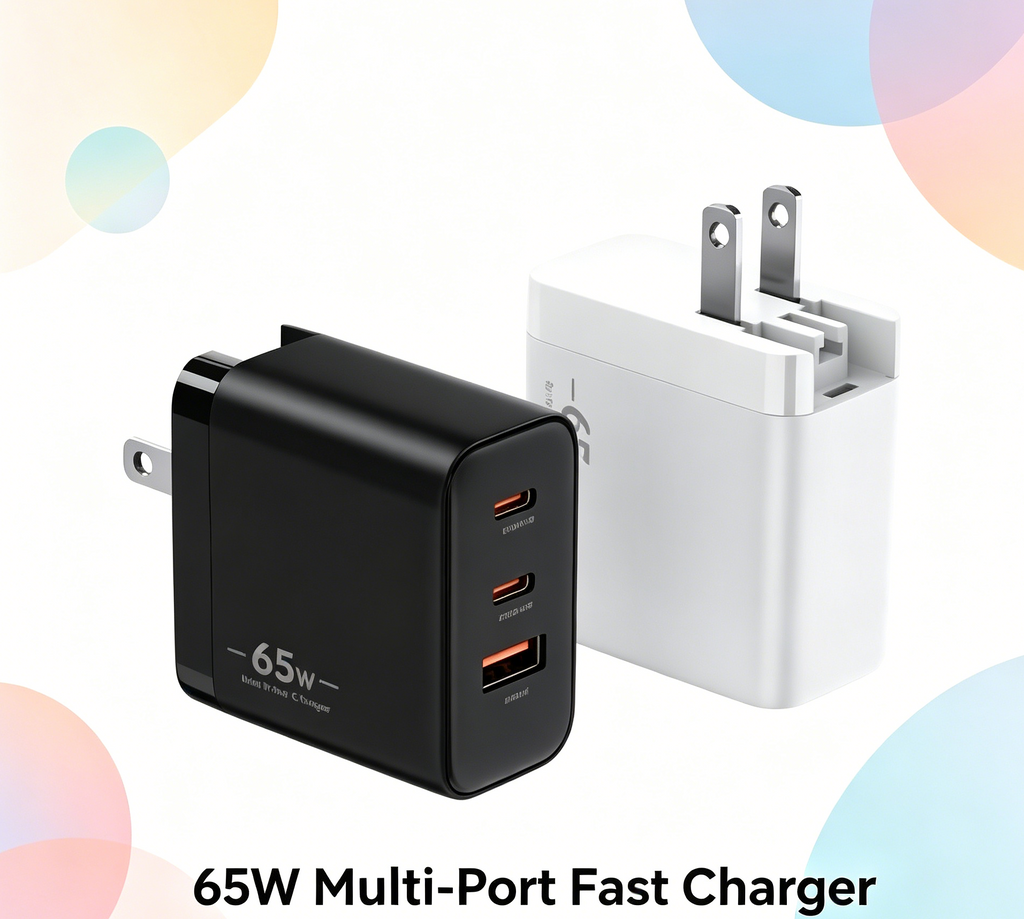65W GaN PD Fast Charger US Plug, 3-Port (2x USB-C + USB-A) Wall Charger for Laptops, iPhone & Samsung