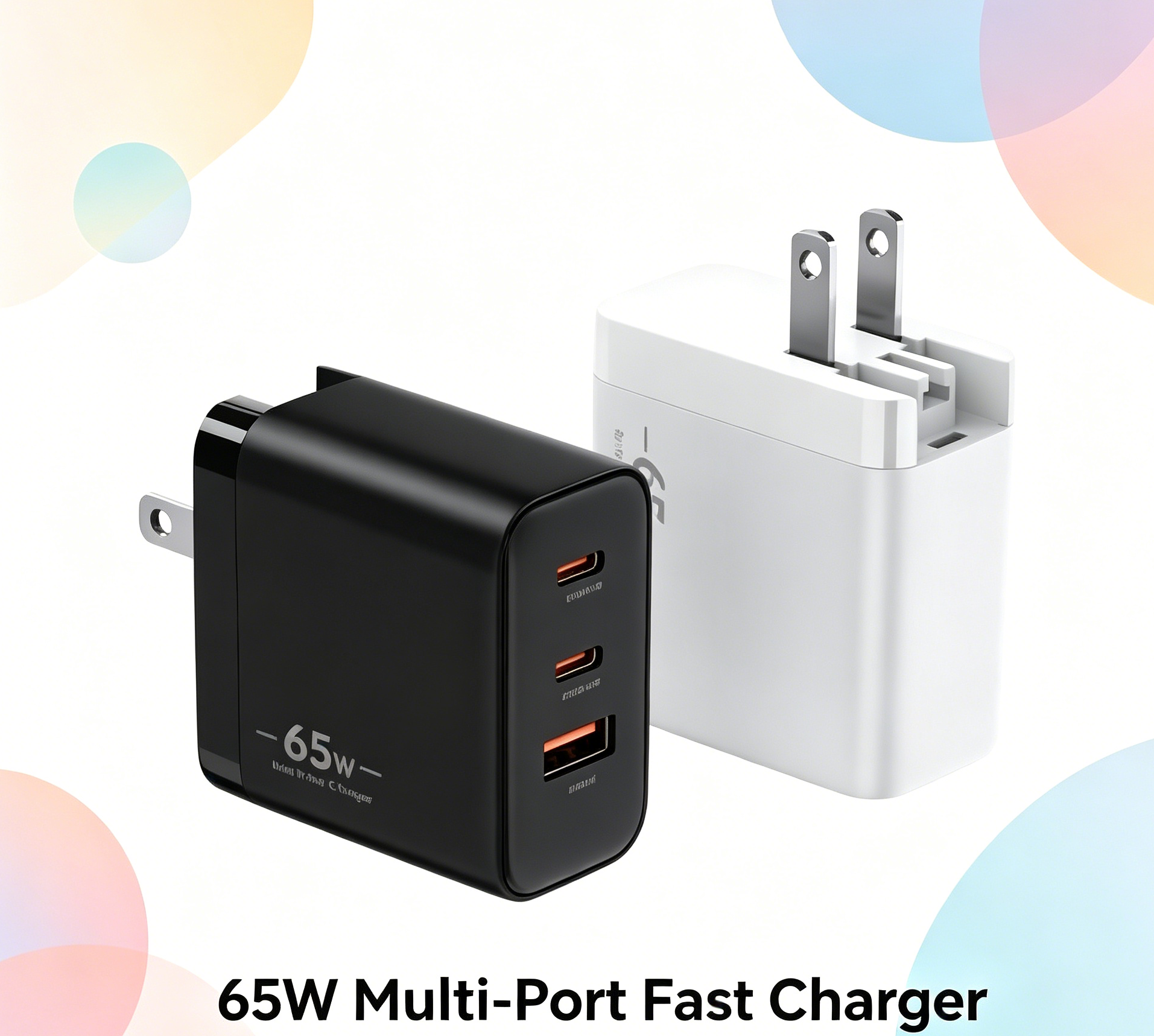 65W GaN PD Fast Charger US Plug, 3-Port (2x USB-C + USB-A) Wall Charger for Laptops, iPhone & Samsung