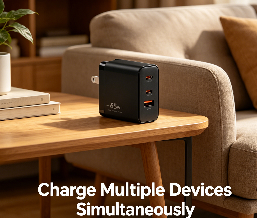 65W GaN PD Fast Charger US Plug, 3-Port (2x USB-C + USB-A) Wall Charger for Laptops, iPhone & Samsung