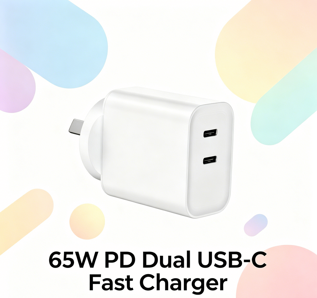 65W PD Fast Charger AU Plug, Dual USB-C Port Wall Charger for Laptops, iPhone & Samsung