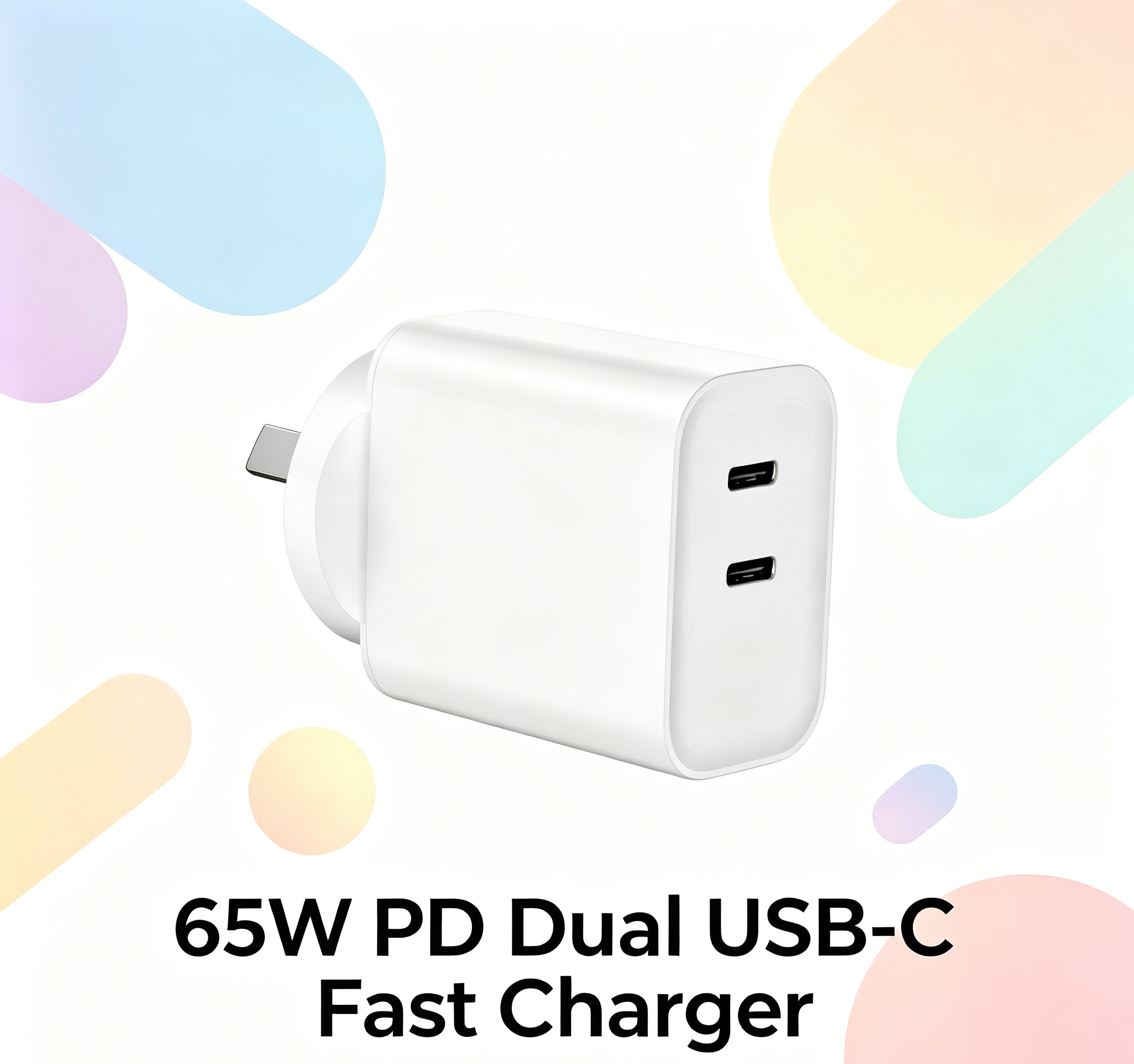 65W PD Fast Charger AU Plug, Dual USB-C Port Wall Charger for Laptops, iPhone & Samsung