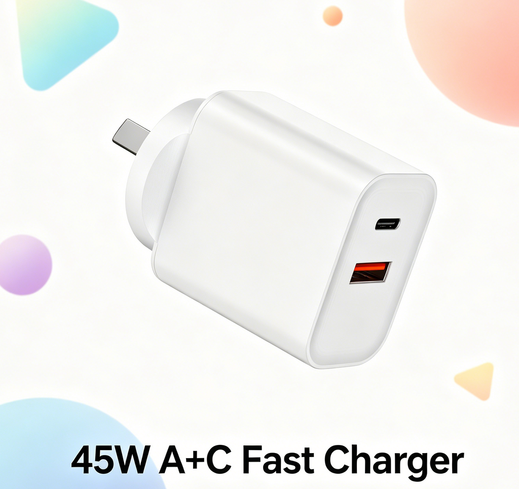 45W PD Fast Charger AU Plug, Dual Port USB-C + USB-A Wall Charger for Laptops, iPhone & Samsung