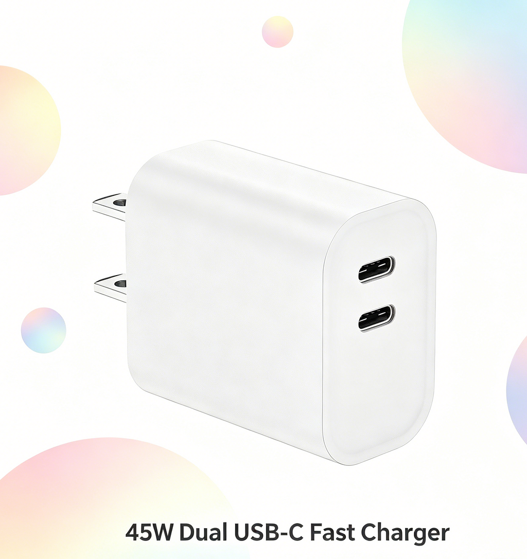 45W PD Fast Charger US Plug, Dual USB-C Port Wall Charger for iPhone & Samsung