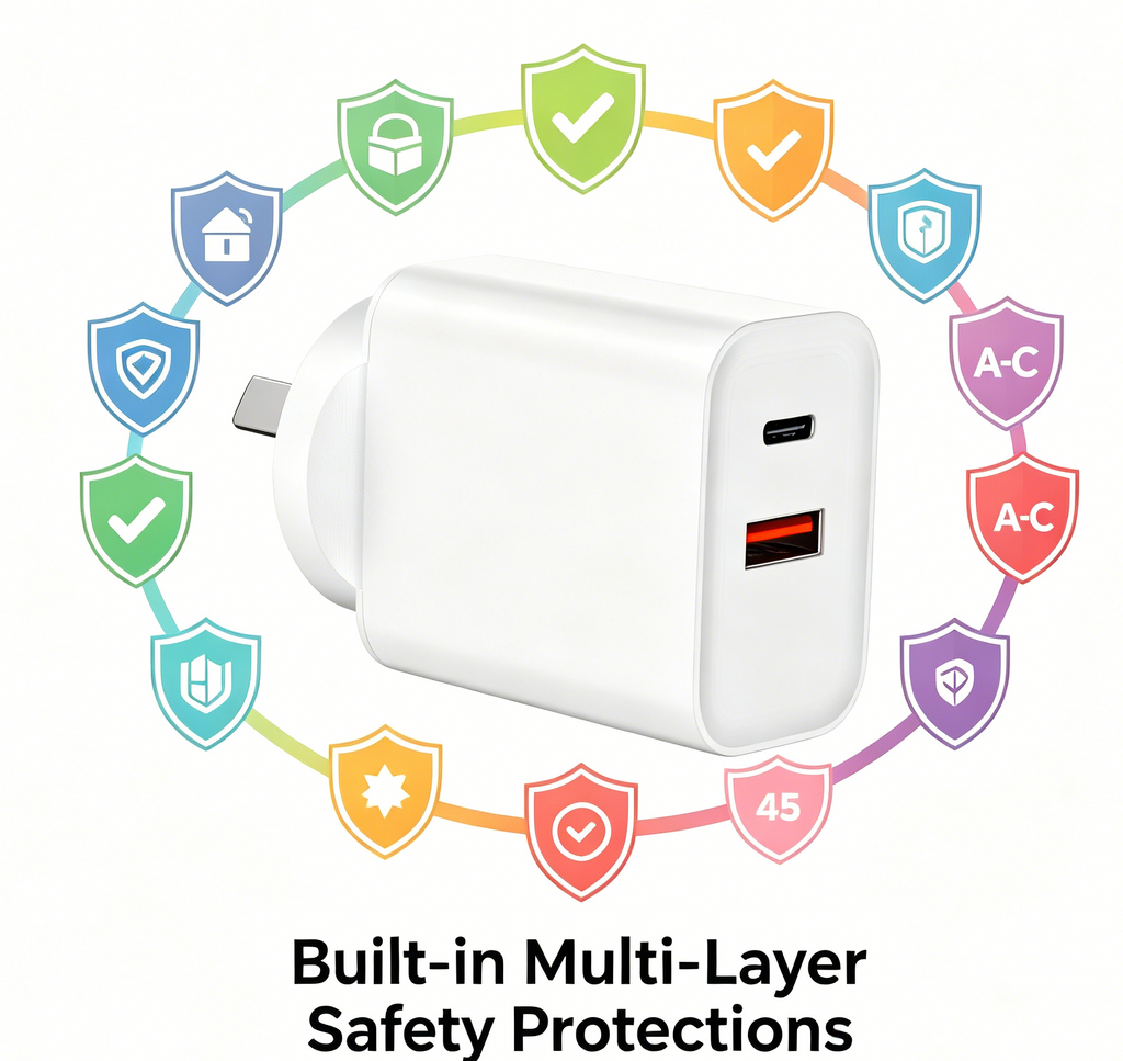 45W PD Fast Charger AU Plug, Dual Port USB-C + USB-A Wall Charger for Laptops, iPhone & Samsung