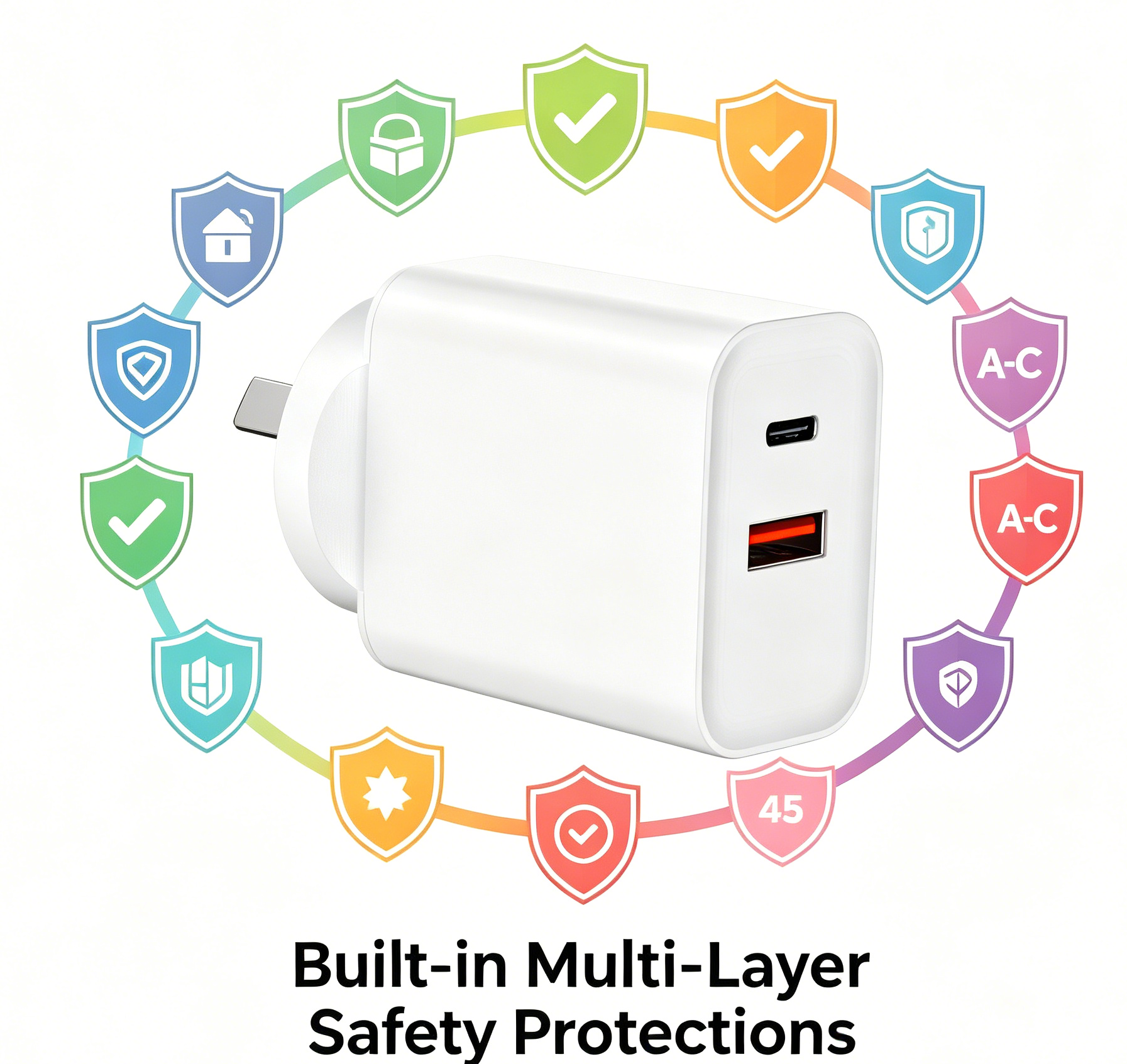 45W PD Fast Charger AU Plug, Dual Port USB-C + USB-A Wall Charger for Laptops, iPhone & Samsung