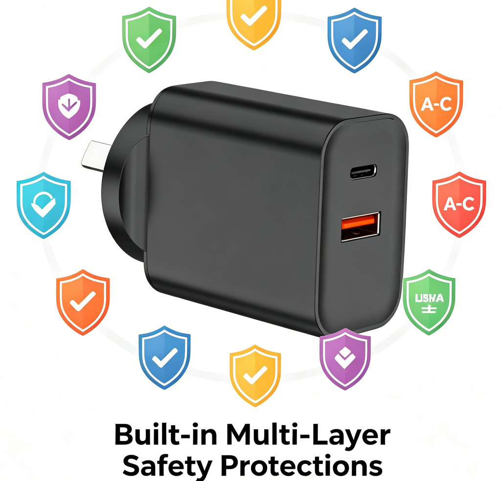 65W PD Fast Charger AU Plug, Dual Port USB-C + USB-A Wall Charger for Laptops, iPhone & Samsung
