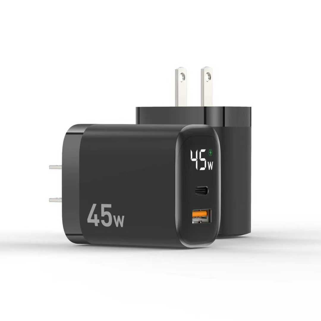 45W PD Fast Charger US Plug, Dual Port USB-C + USB-A Wall Charger