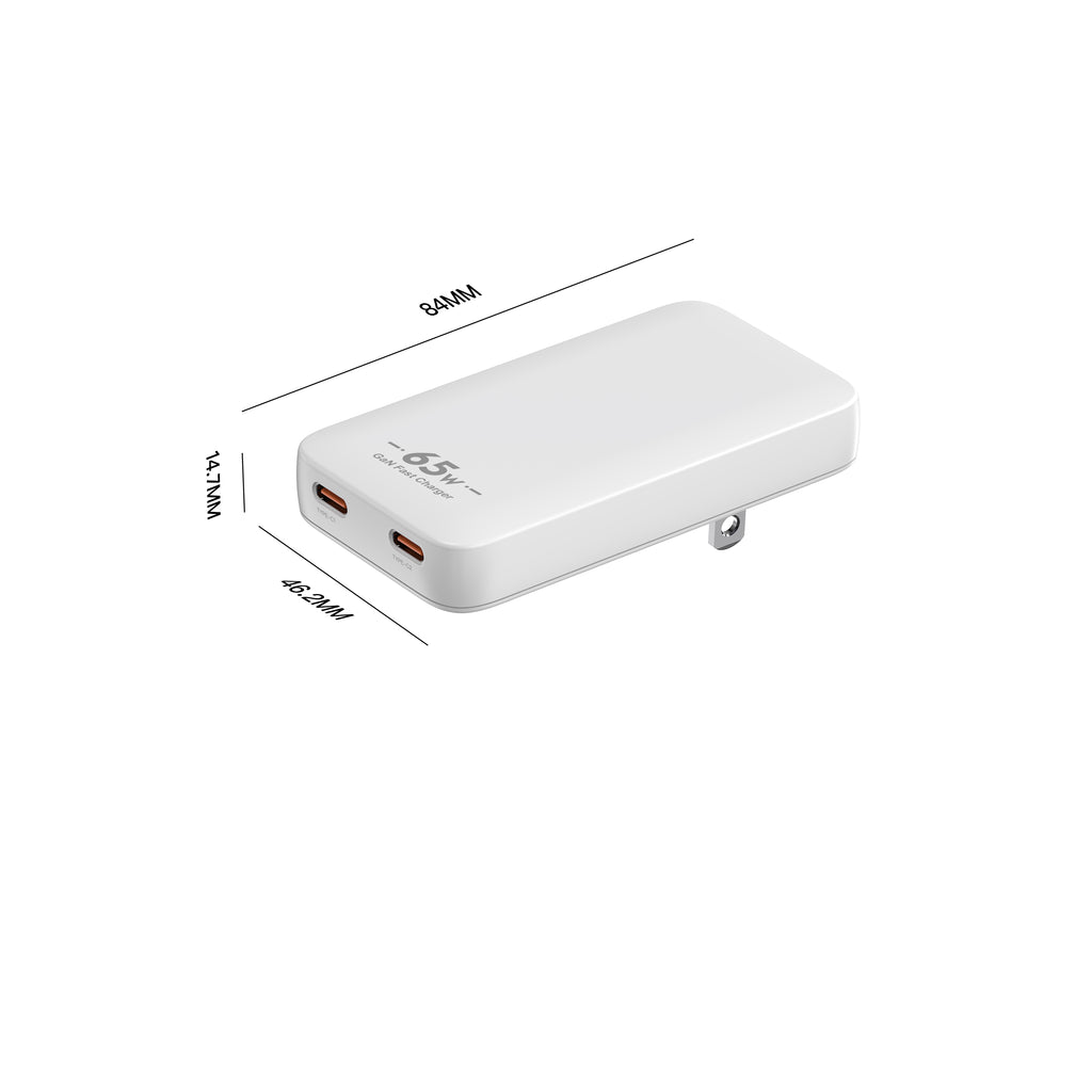 65W GaN Ultra-Thin Charger US Plug, Dual USB-C Wall Charger for Laptops & Phones