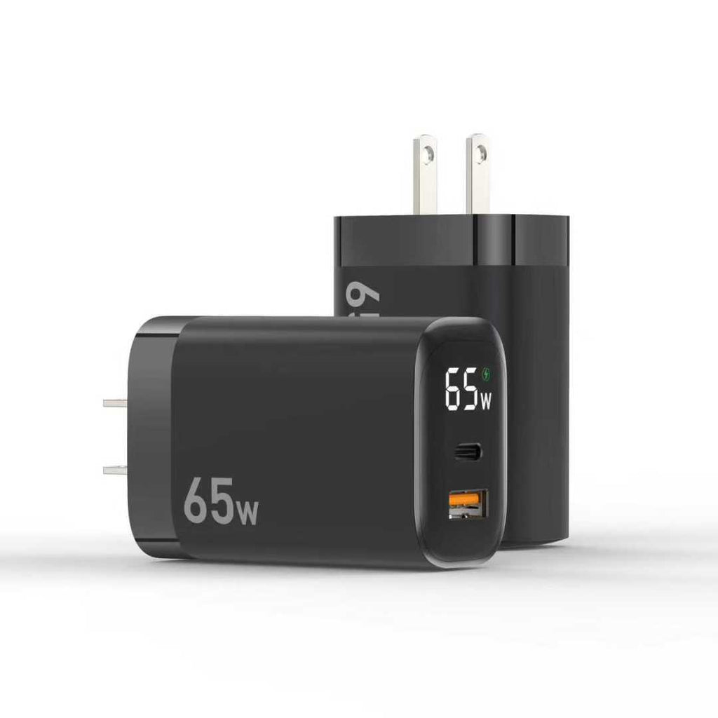 65W PD Fast Charger US Plug, Dual-Port USB-C + USB-A Wall Charger