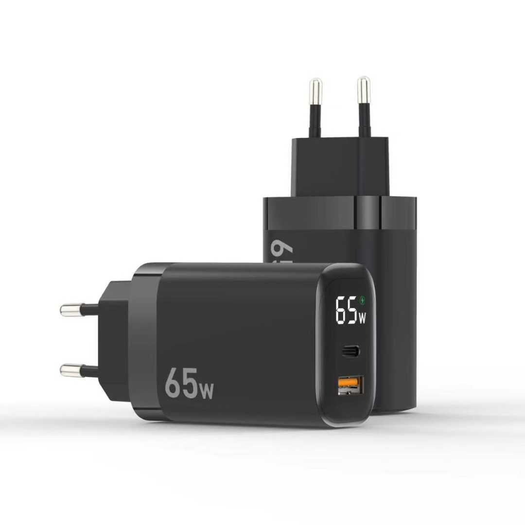 65W PD Fast Charger EU Plug, Dual-Port USB-C + USB-A Wall Charger