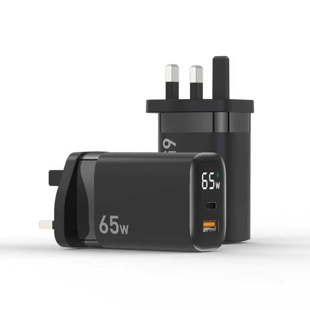 65W PD Fast Charger UK Plug, Dual-Port USB-C + USB-A Wall Charger